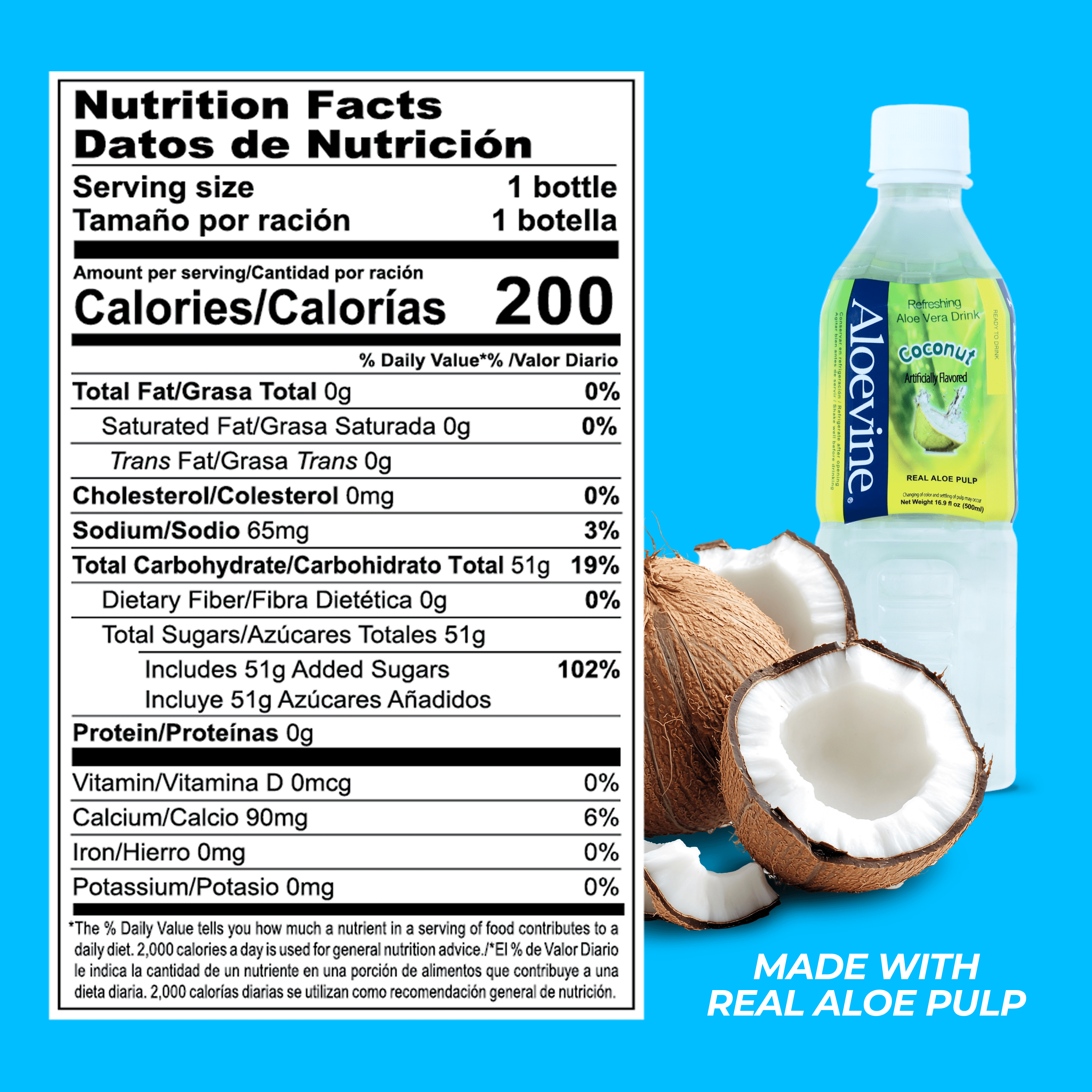 Aloevine Coconut Aloe Vera Drink with Aloe Pulp, 16.9 fl oz, 10 Count Bottles