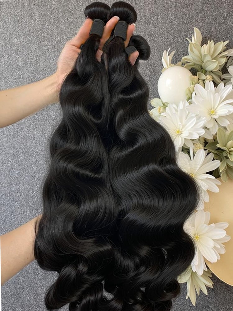 Adjustable Body Wave Bundles Human Hair Natural Color Body Wave Bundle 30 32 Grade 12A Brazilian Virgin Remy Hair 3 Bundles 34 Inch, Black | Typpkmm