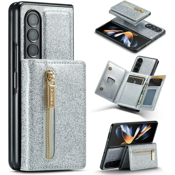 MYKOMI Phone Case for Samsung Galaxy Z Fold 4 5G 2022 Wallet Cover and Credit Card Holder Slot Glitter Stand Leather Bling Zipper Mobile Cell Accessories ZFold4 Z4 Fold4 4Z ZFold45G Women Girls Silver