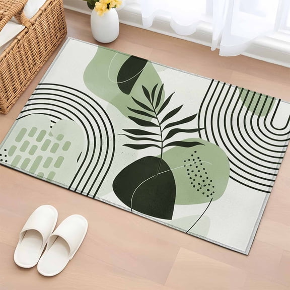 Area Rug 2x3ft, Abstract Mid Century Green Color Block Washable Rugs for Living Room Bedroom, Minimalist Boho Leaf Soft Non-slip Area Rugs Rectangle Floor Carpet for Dining Room