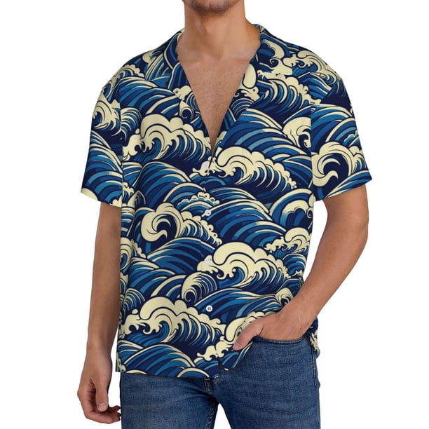 Fotbe Japanese Water Wave Camisa Estampada de Manga Corta para Hombre, Casual de Verano, Estilo Playero, Sin Arrugas-Large