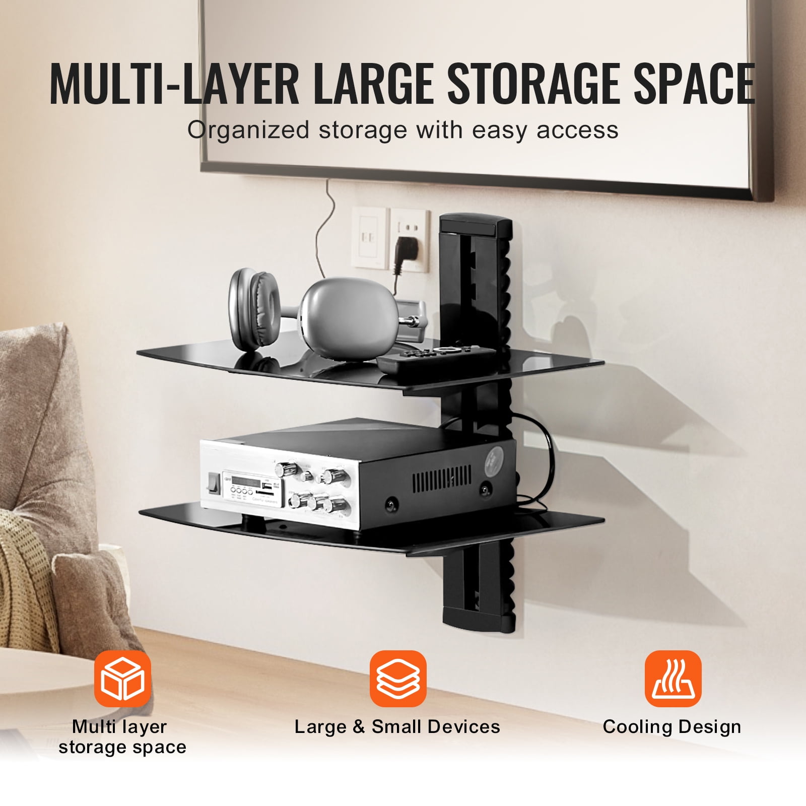 KFFKFF Glass Wall Shelves, Supports 18 lbs, Shelf TV Wall Mount, Durable Floating Media Console for DVD/PS4/Cable Units/Game Systems/Sky Box/TV Extras-2 Levels