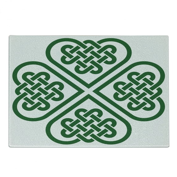 Celtic Cutting Board, Monochrome 4 Leaf Clover Flower Shaped Timeless Celtic Form Gaelic, Decorative Tempered Glass Cutting and Serving Board, Small Size, Green White, by Ambesonne