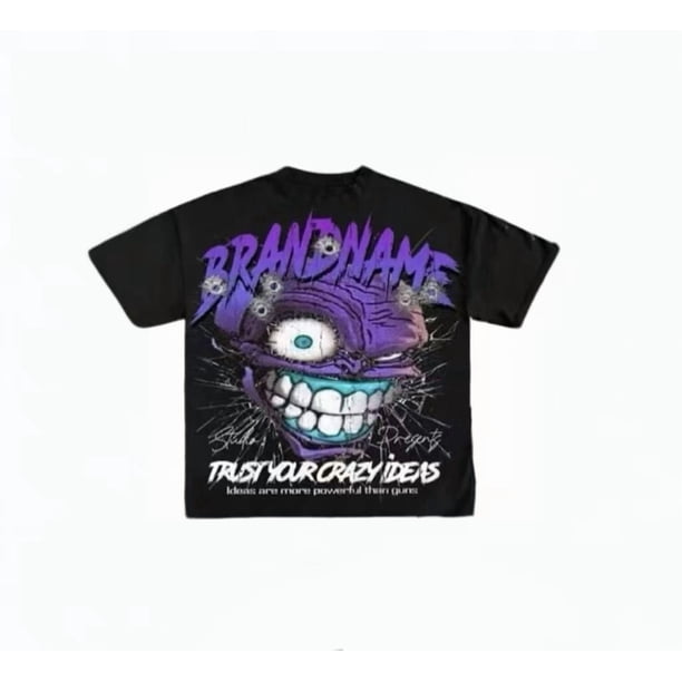 Camiseta con estampado gráfico Y2K para hombre - Negra con detalles morados - Marca - Camiseta holgada de estilo urbano - Camisa informal para todas las estaciones - Camiseta de algodón lavable a máqu