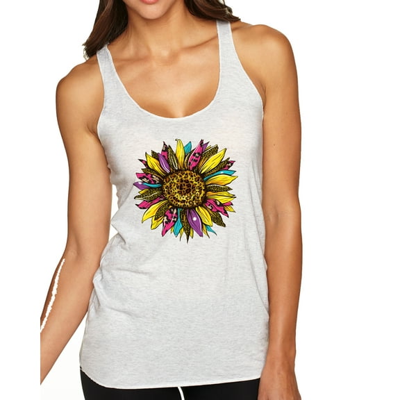Wild Bobby, Sunflower Animal Print Fashion Tri-Blend Racerback Tank Top, Heather White, X-Large