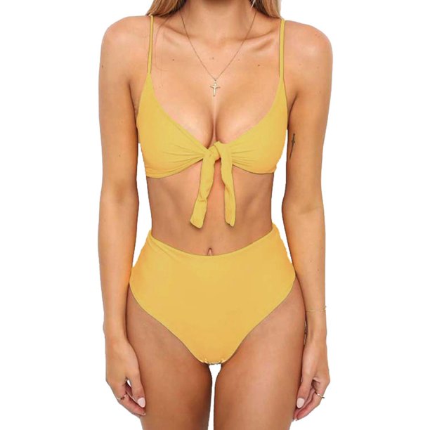 Women Tie Knot Front High Waisted Two Piece Swimsuit Bikini Set Walmart Com Women Tie Knot Front High Waisted Two Piece Swimsuit Bikini Set Walmart Com