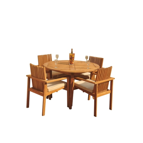 5-Piece Teak Dining Set: 48" Round Table   4 Clipper Stacking Arm Chairs