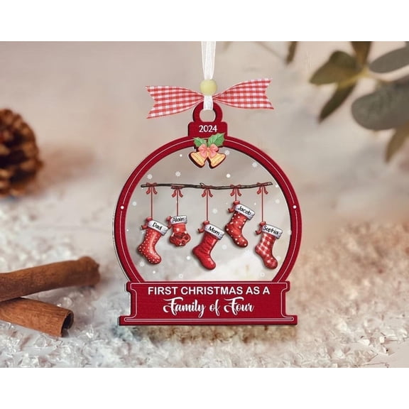 Personalized Family Christmas Ornament 2025 – First Christmas as a Family of Four, Custom Name Stocking Ornament, Wooden & Acrylic Shaker Holiday Keepsake with Gift Box