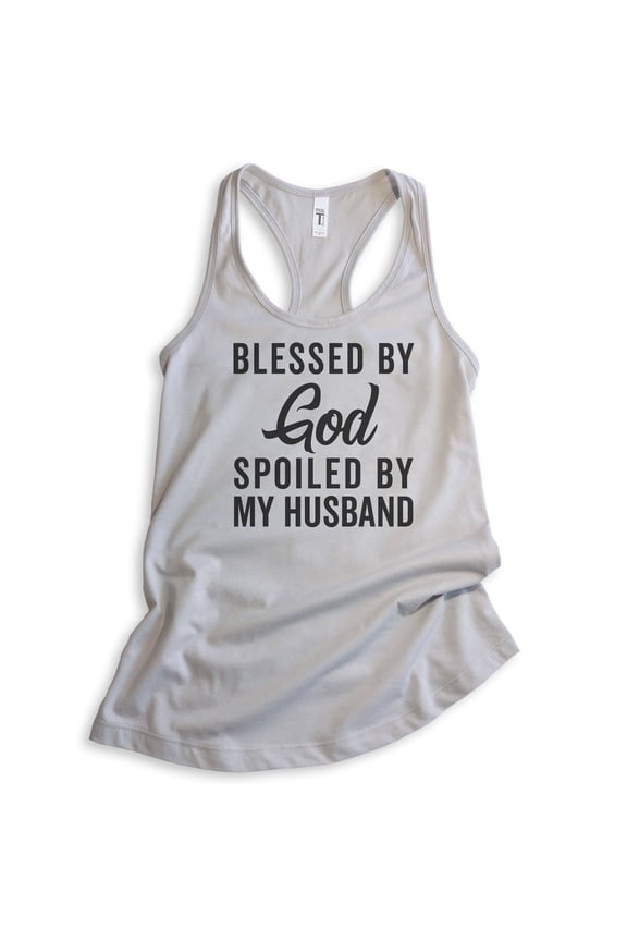 Blessed By God Spoiled By My Husband Tank Top, Ladies Racerback Tank Top, Wife Mom Tank, Religious Tank, Silver Gray, Small