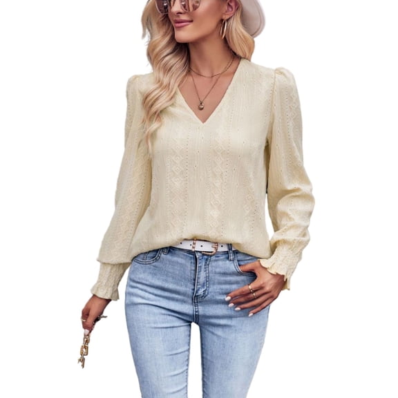 Solid Color Long Sleeve Shirred Cuff Eyelet Blouse for Women Beige Small