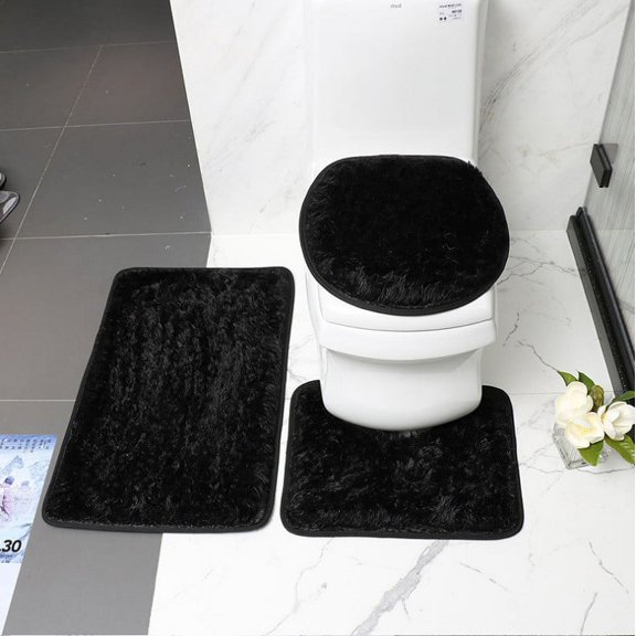 Home 3 Piece Bath Rug Set, Bath Mat, Contour Rug, Toilet Seat Lid Cover, Soft Pile, Water Absorbent Solid Color (Black)