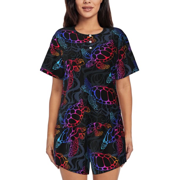 Balery Sea Turtle Conjunto de Pijama para Mujer con Estampado, Dos Piezas de Manga Corta y Shorts, Ropa de Dormir Suave con Cuello Redondo y Bolsillos-Medium