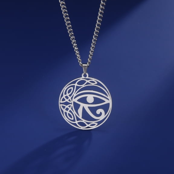 EUEAVAN Silver Eye of Horus Moon Circular Pendant Stainless Steel Necklace Ancient Egypt Jewelry
