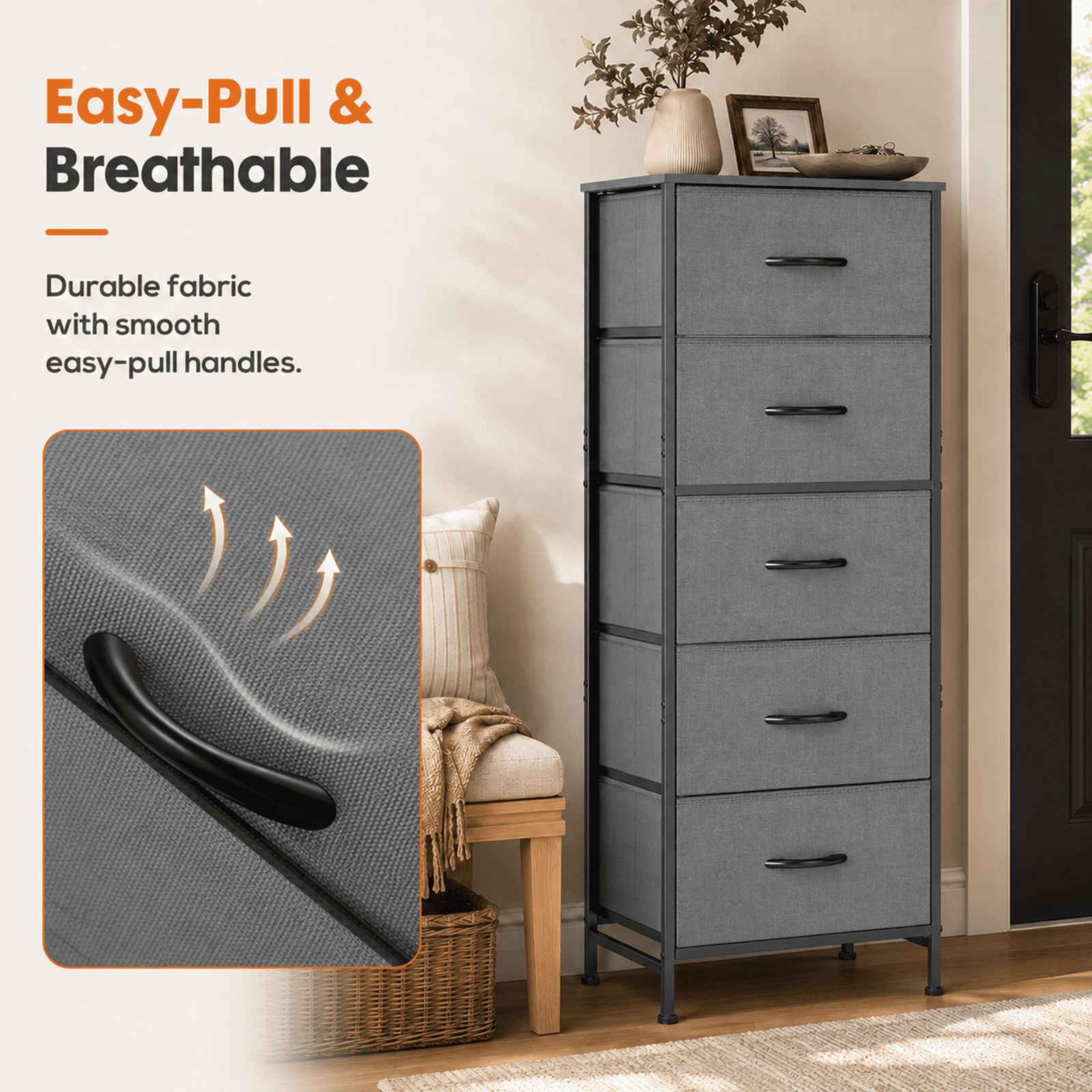 Alvantor Tall Dresser for Bedroom with 5 Drawers, Vertical End Table and Nightstand for Bedroom, Storage Organizer Chest of Drawers with Removable Fabric Bins