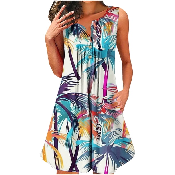 Vestido de Verano de las Mujeres Moda Impresa sin Mangas Cuello en V Medio Ternera Vestido Casual de Línea para Diario