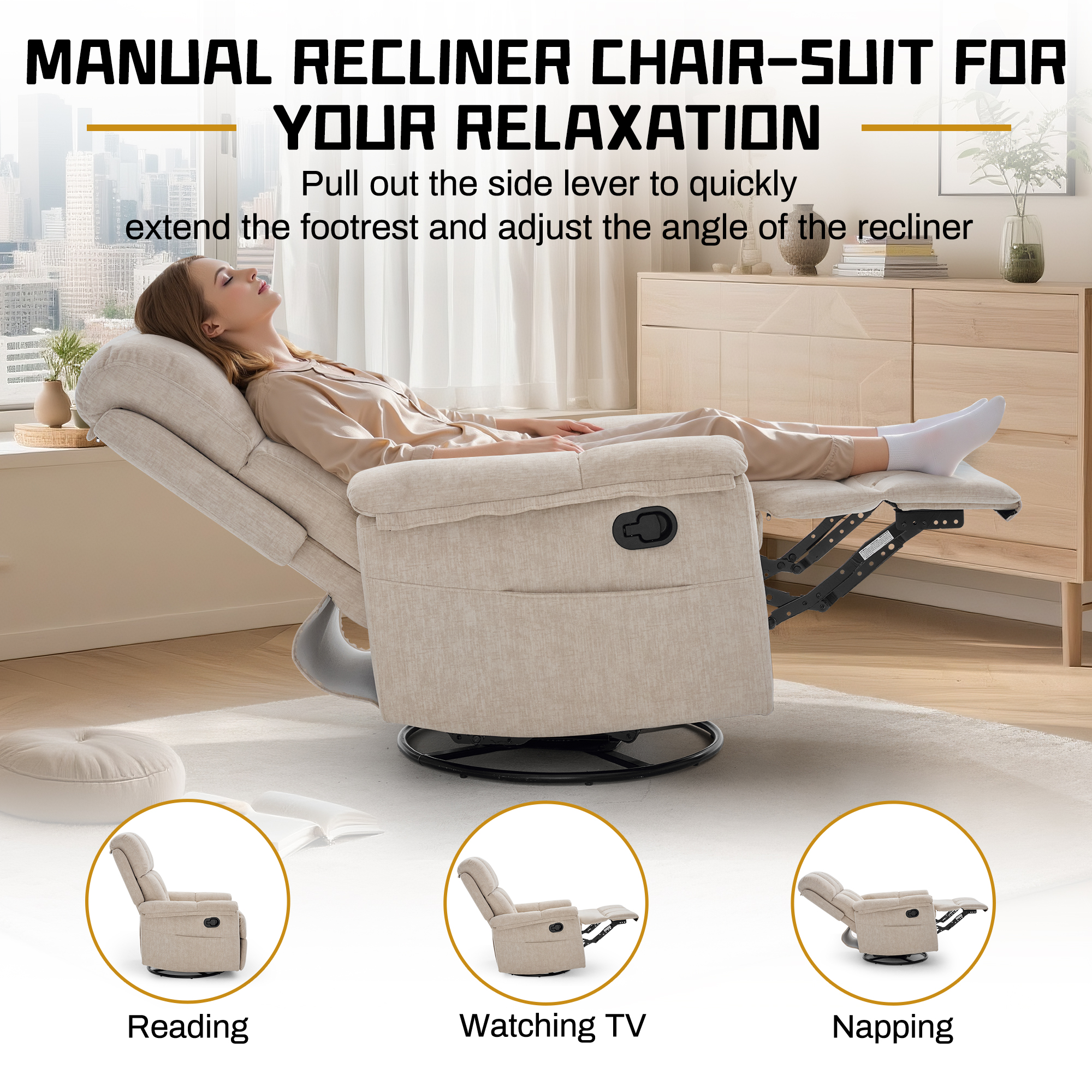 Korser 360°Swivel Recliner Chair for Adults with Side Pockets,Small Rocking Recliner for Small Spaces for Living Room,Nursery,Khaki