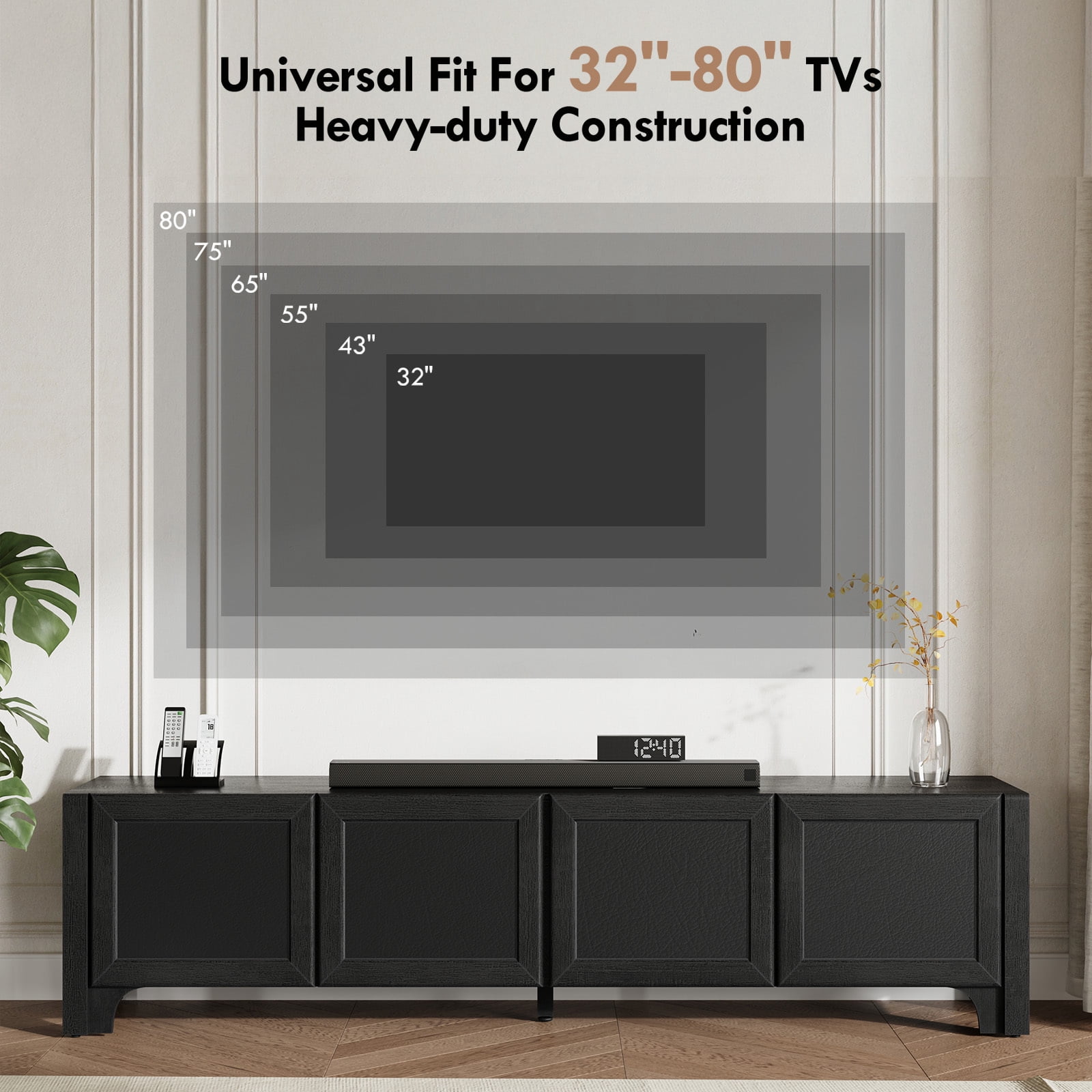 Furnibear 70" Modern TV Stands for 65 70 Inches TV, Media Console, Leather-Wrapped Door Panels TV Entertainment Center with Cabinet Storage for Bedroom Living Room,Black