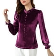 thumbnail image 5 of Women's Long Sleeve Velvet Shirts Soft Crew Neck Dressy Casual Blouses with Ruffled Detailing Solid Color Tops (XL, Purple), 5 of 7