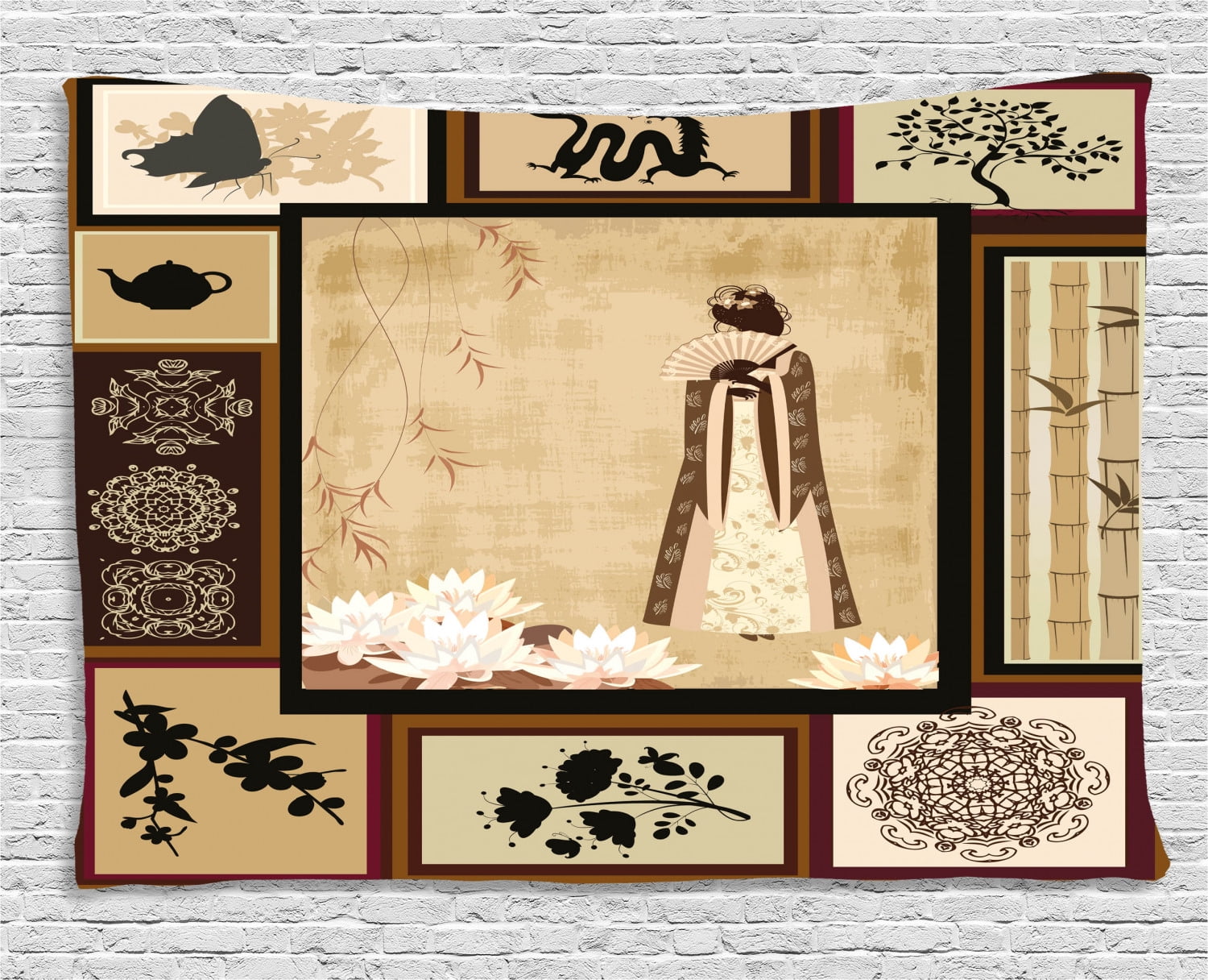 Japanese Tapestry, Girl in Traditional Dress and Cultural Patterns Ornaments Antique Eastern 