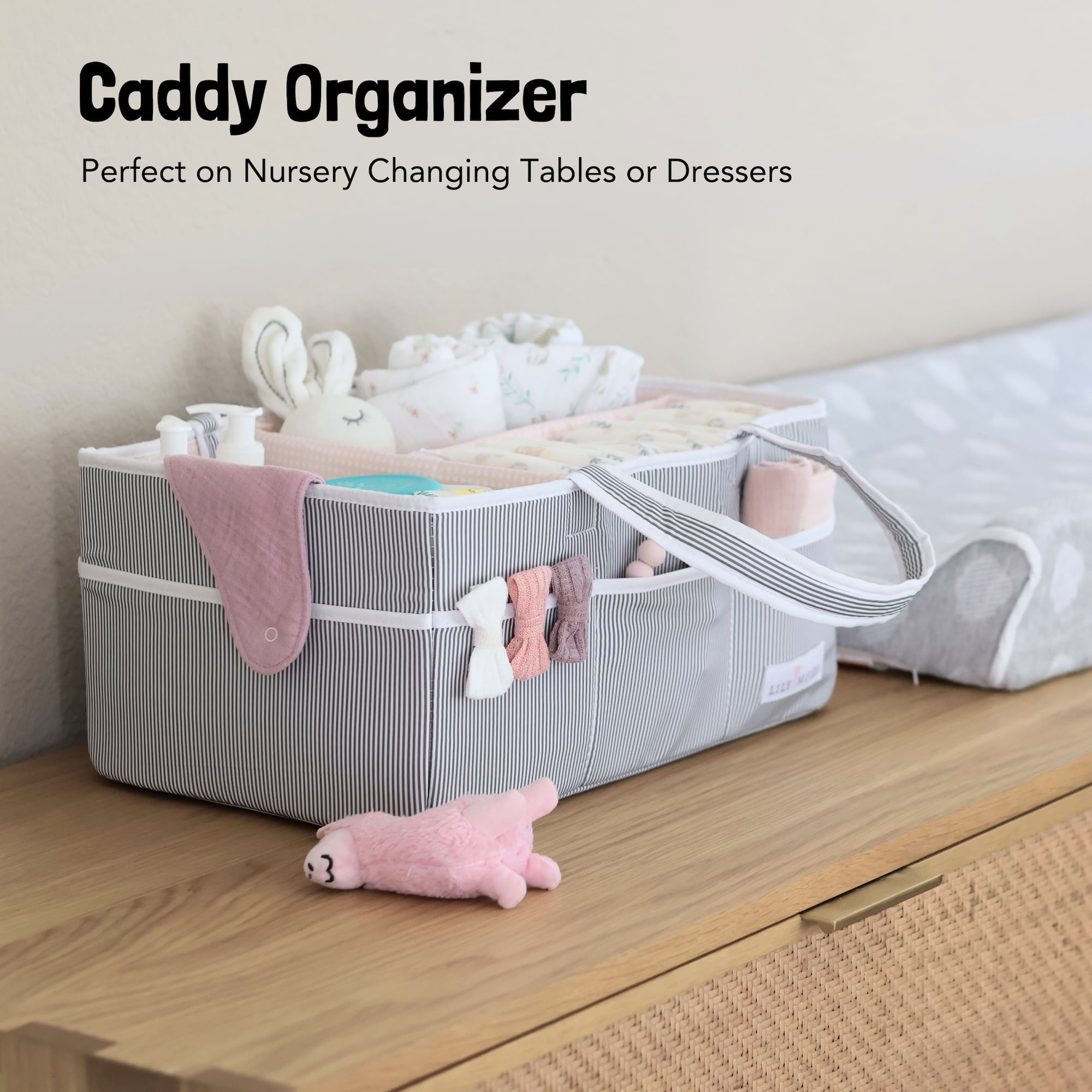 Lily Miles Baby Diaper Caddy Organizer for Baby Girls - Nursery Changing Table Organizer - Baby Shower Gifts (Gray/Blush, Large)