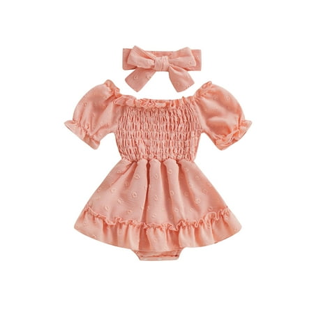 

jaweiwi Infant Baby Girls Romper Dress Dot Pattern Short Sleeve Ruched Jumpsuits Skirts Hem Bodysuits Headband Size 3M 6M 12M 18M 24M