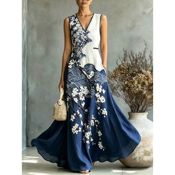Womens Multicolor Floral Print Sleeveless V-Neck Long Dress