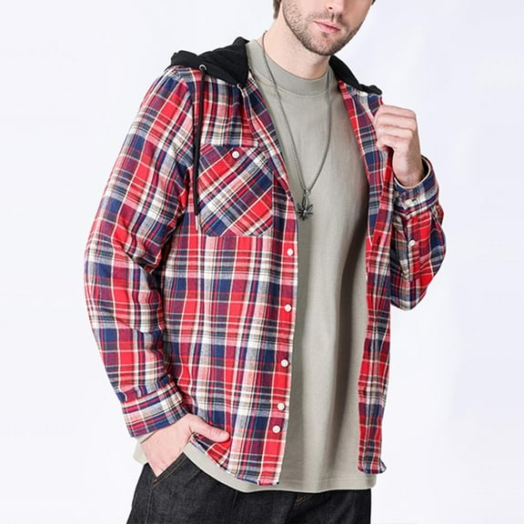 UQJfacai Mens Flannel Hoodie Shirts Casual Button Down Plaid Shirt Jackets for Men Fall Long Sleeve Stylish Hooded Shackets with Pocket