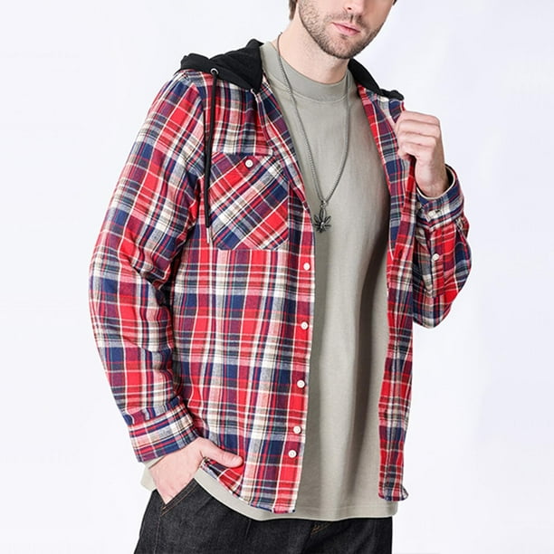 Blusa de manga larga con capucha para hombre, estilo informal, a cuadros, con botones y capucha, de poliéster