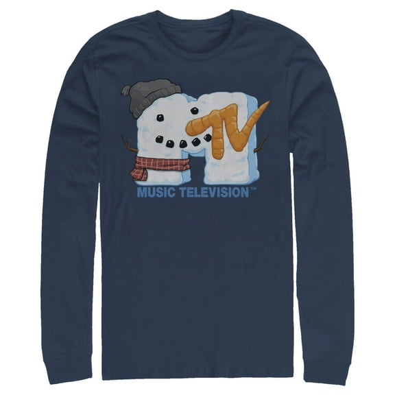 Men's MTV Christmas Logo Snowman Long Sleeve Shirt Navy Blue Large