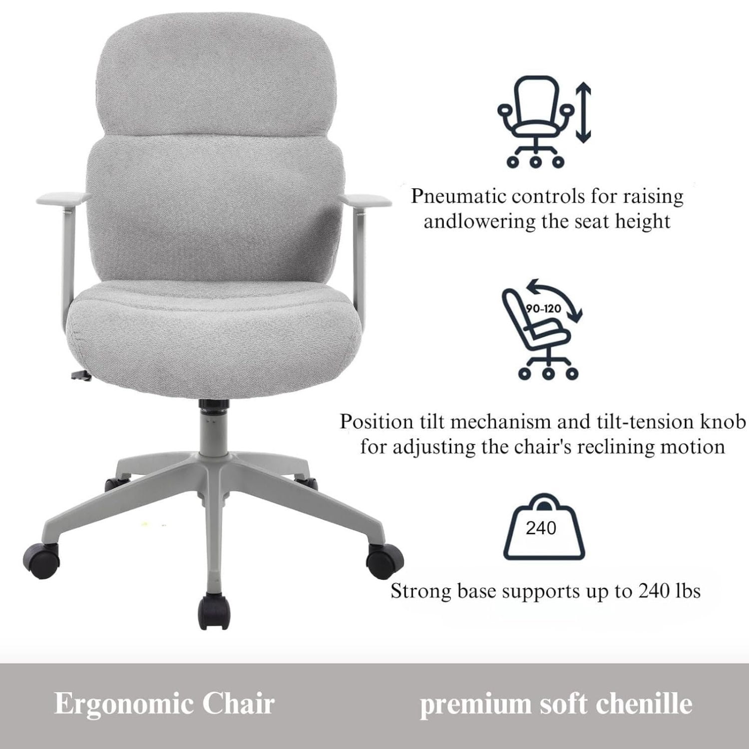 Dayalane Modern Adjustable Office Chair, Swivel Fabric Ergonomic Task Chair with Armrests, 90-120° Tilt Function and Wide Cushion Desk Chair for Home/Bedroom/Study/Office/Conference Room, Beige