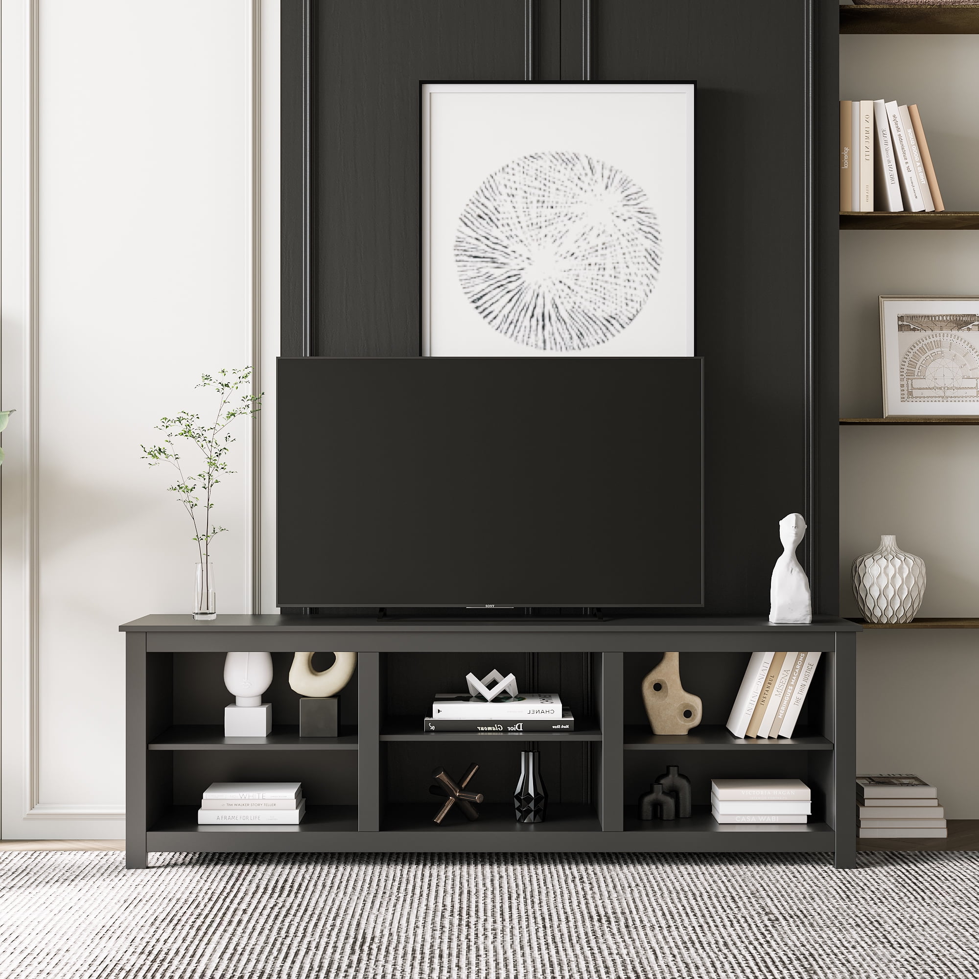 Kadyn Modern TV Stand, Farmhouse TV Console Table with 6 storage compartments and 1 shelf cabinet, MDF TV Stand for Living room, Black