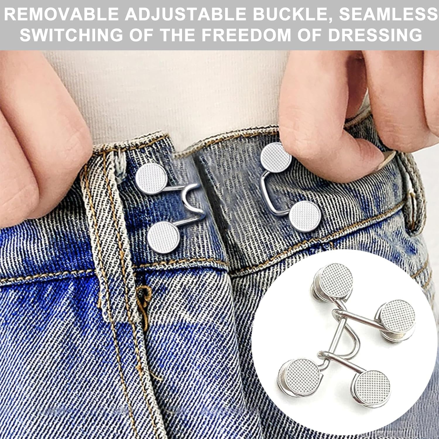 5 Sets Adjustable Silver Waistband Tightener Buttons – Reusable Round Jean Tightening Clips For Loose Pants – No Sewing Required, Easy-to-Use Waist Tightener Clips For Jeans & Trousers