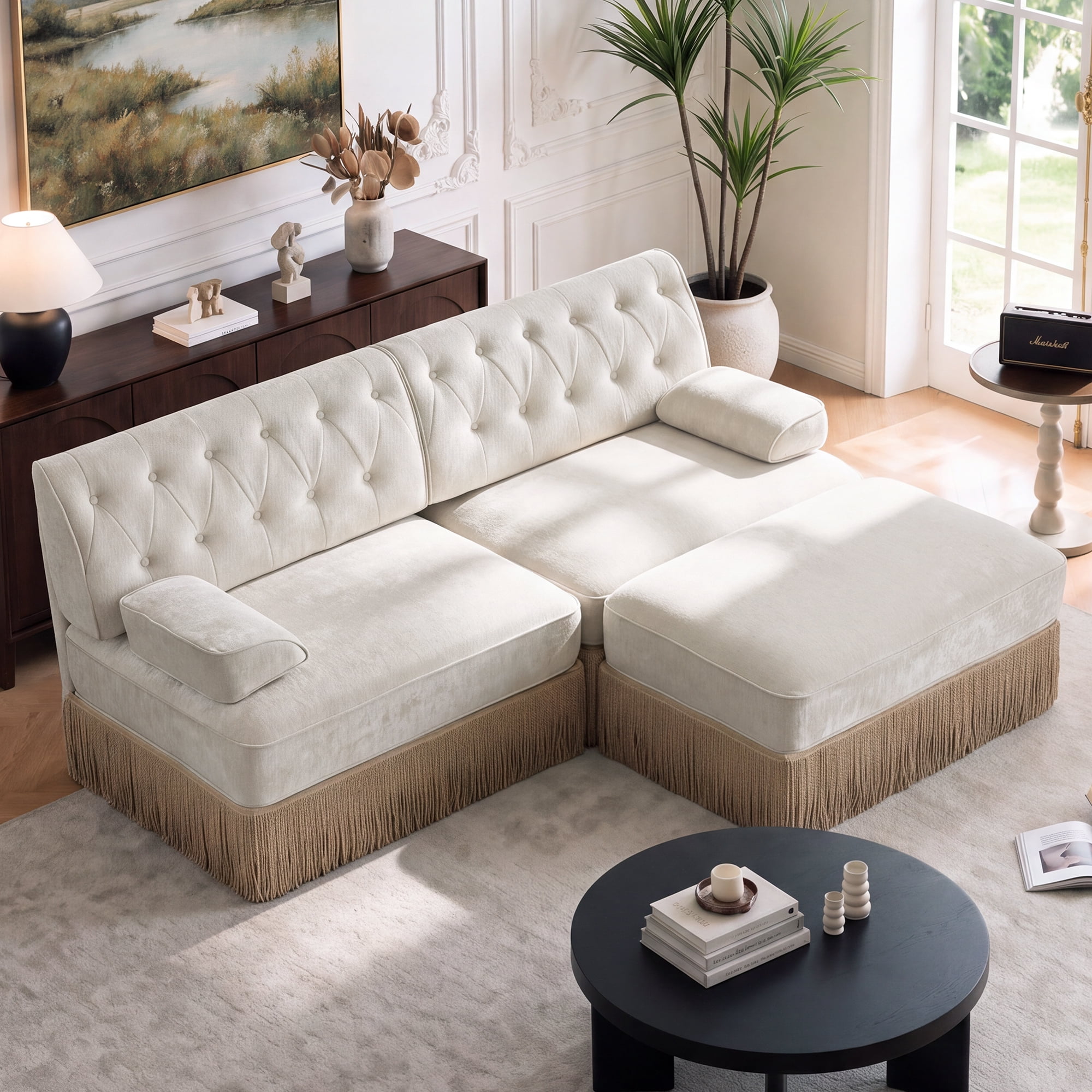 76.6" Chesterfield L-Shaped Modular Sectional Loveseat Sofa Set with Ottoman and Tassel Skirt, Easy to Assemble