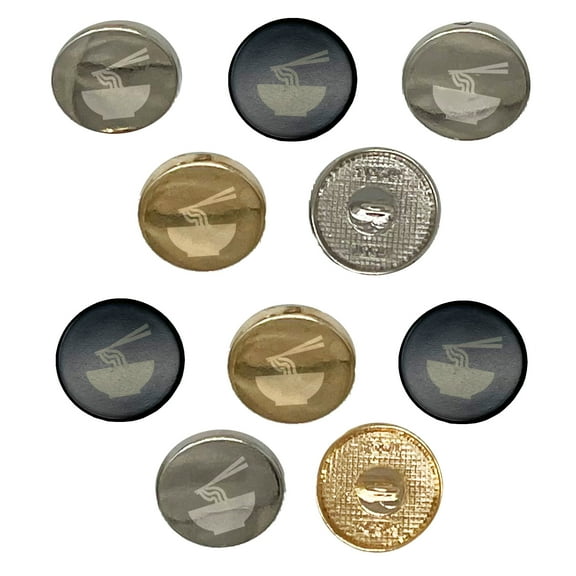 Pho Ramen Noodle Bowl Solid Set of 10 Metal 0.6" (15mm) Sewing Shank Round Buttons - Silver Color