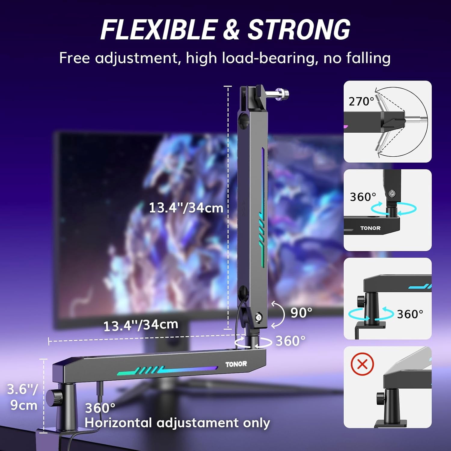 RGB Gaming Mic Arm Low  Microphone  Stand with Controllable Light for Streaming Studio T90LP