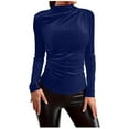 thumbnail image 3 of Kinrui Women's Ruched Long Sleeve Velvet Shirts Turtleneck Slim Fitted T Shirts Basic Underlayer Going Out Tops Blue,M, 3 of 8