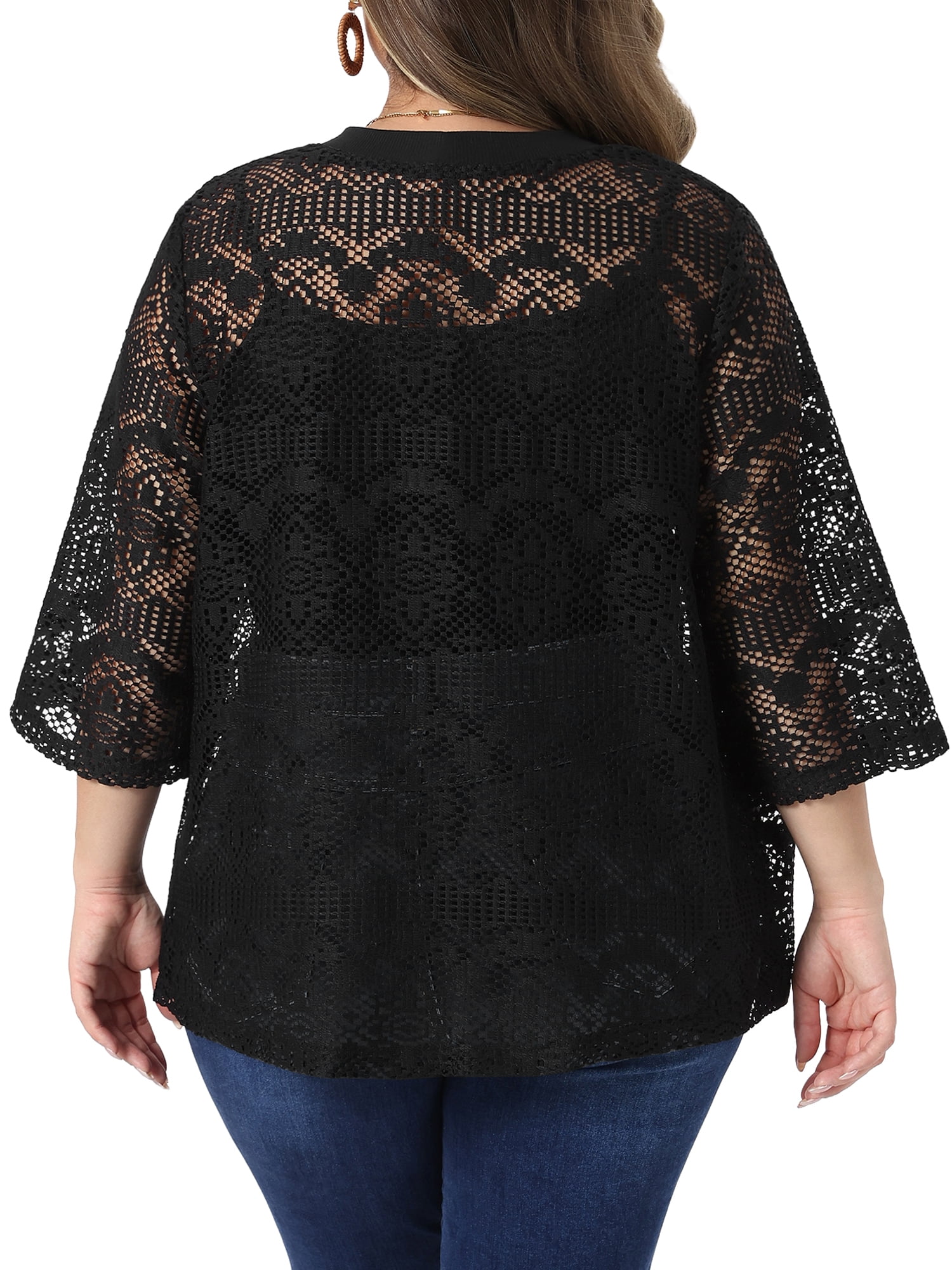 DARING DIVA Women's Plus V Neck 3/4 Sleeve Crochet Button Front Cover Up 1X Black