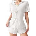 thumbnail image 2 of Naotn 2 Piece Sets for Women Summer Matching Short Set, Casual Lapel Short Sleeve Ribbed Bow Front Shirt Ruffle Shorts, 2 of 6