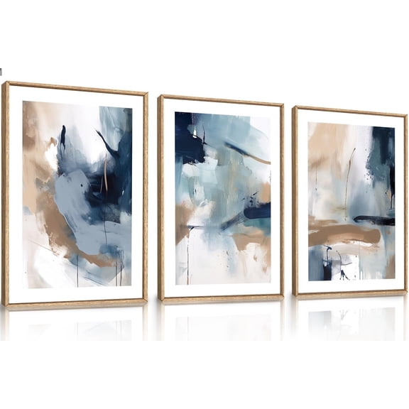Large Navy Blue Brush Strokes Framed Canvas Wall Art Set,Abstract Neutral Art Painting,Modern Pastel Brown Artwork,Minimalist Shapes Wall Decor for Living Room,Bedroom,Office- 16''x24''x3
