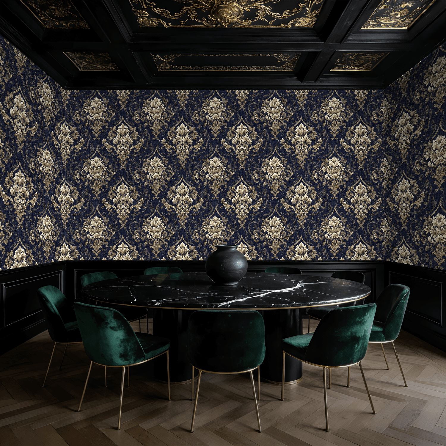 Baroque Peel and Stick Wallpaper Symmetrical Dark Damask Antique Gold Baroque Florals Wall Mural 23.6in x 9.8ft Self Adhesive Removable Wall Paper Renter Friendly Wallpaper for Bedroom Livingroom Men
