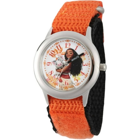 Disney Moana and Pua Girls' Stainless Steel Time Teacher Watch, Orange Hook and Loop Nylon Strap with Black Backing