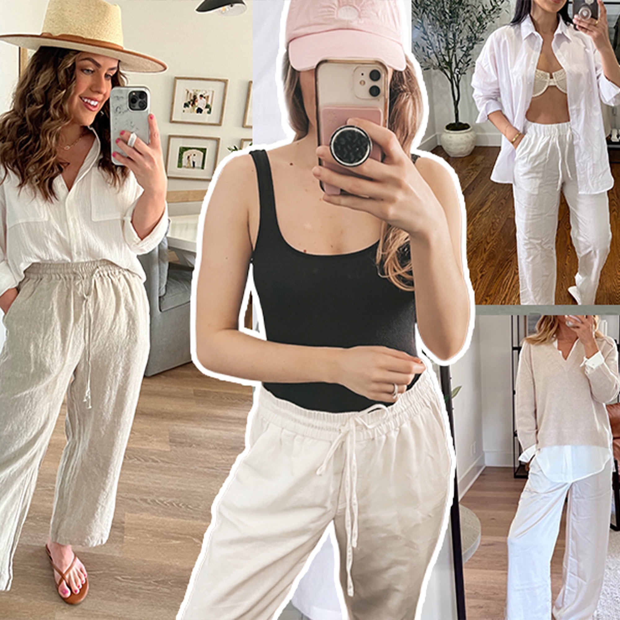 TEMOFON Pants for Women Wide Leg Linen Pant Summer Casual Palazzo Khaki Flowy Pants with Pocket Drawstring Loose Lightweight Pants L