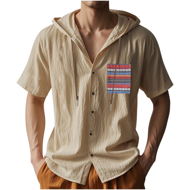 Camisa de Manga Corta de los Hombres con Capucha de Cárdigan Impresa con Botón con Bolsillos Top Casual para Primavera Verano
