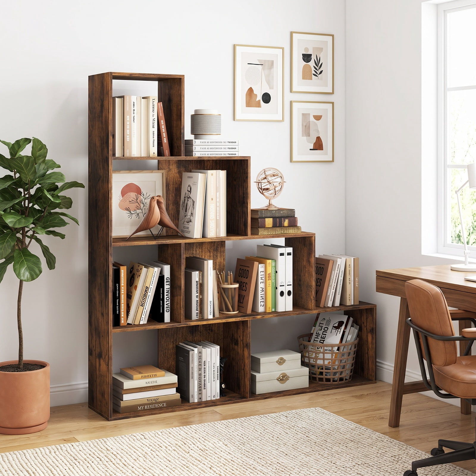 Furnibear 4-Tier Stepped Bookshelf Freestanding Ladder Storage Shelf with 6 Cubes for Living Room Home Office Bedroom Display Storage, Rustic Brown