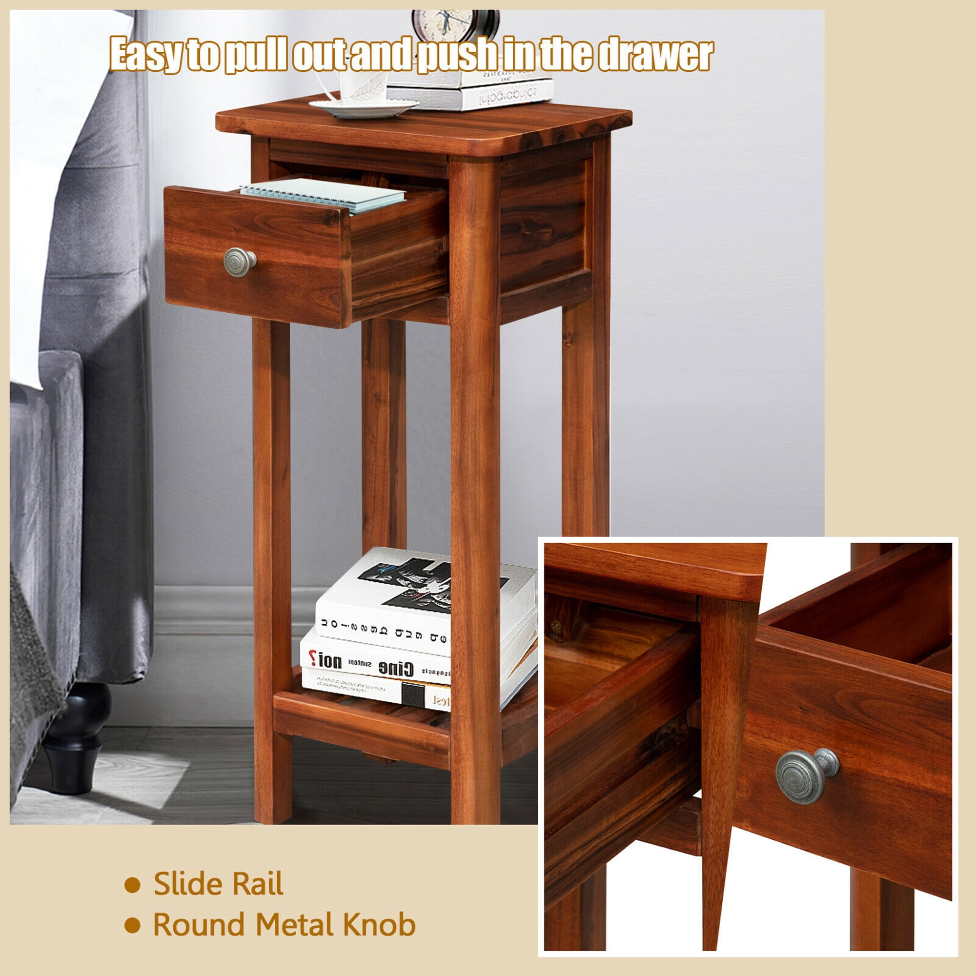 Gymax Acacia Wood Side Table with Drawer, Brown