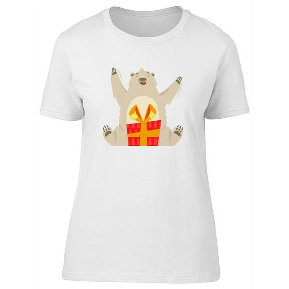 Cute Happy Polar Bear With Gift T-Shirt Women -Image by Shutterstock, Female Large