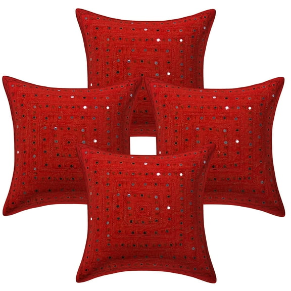 Stylo Culture Indian Cotton Living Room Throw Pillow Covers Red 16x16 Bohemian Embroidered Mirror Lace Indian Couch Cushion Covers 40 x 40 cm Decorative Geometrical Square Pillowcases | Set Of 4