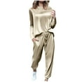 thumbnail image 3 of Women's Velour Track Suit, 2 Piece Velvet Loungewear Set, Long Sleeve Sweatshirt and Jogger Pants, Soft Comfort Outfit, Fall Travel Jogging Suit Beige L, 3 of 10