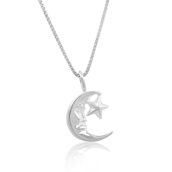 SilverCloseOut Sterling Silver Crescent Moon & Star Necklace, Box Chain