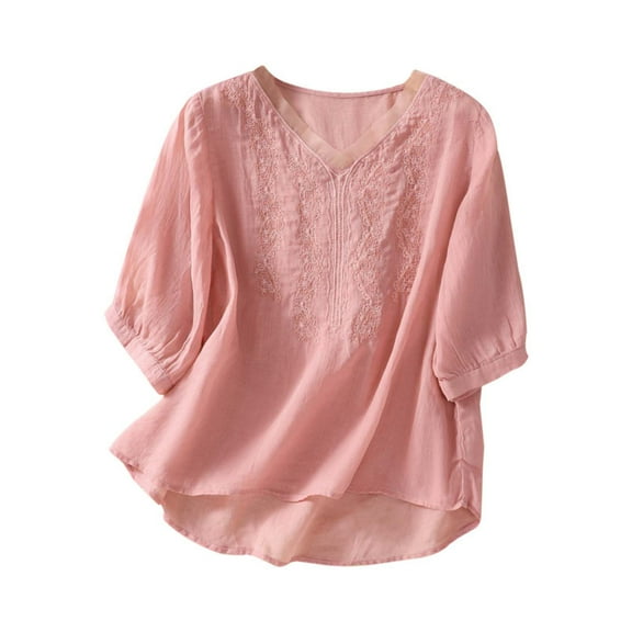 Puliio Women's Tops Solid Color Vintage Embroidered Blouse 3/4 Sleeve V-Neck Patchwork Shirt Chinese Style Shirt Chic Tops